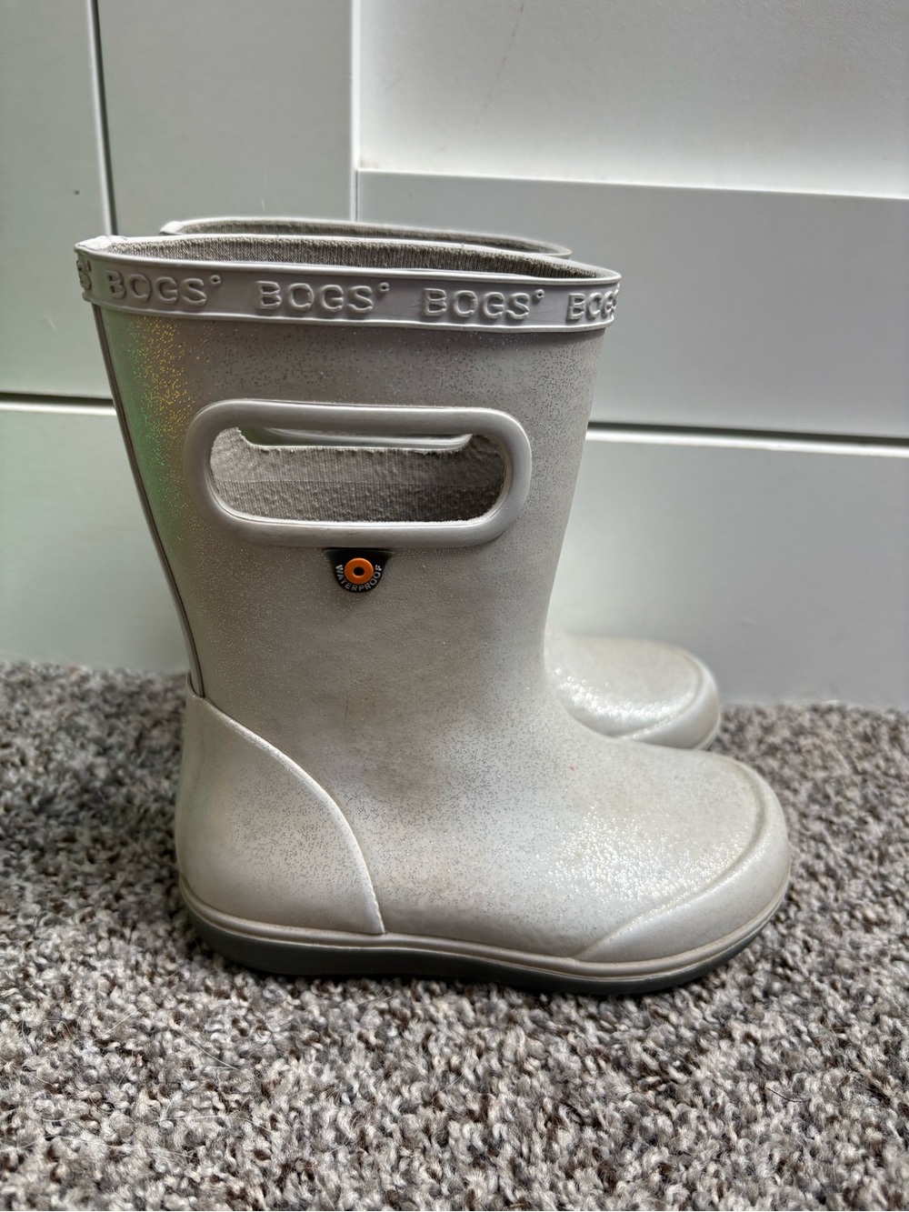 Bogs Kids' White Glitter Waterproof Rain Boots with Handles Size 8c